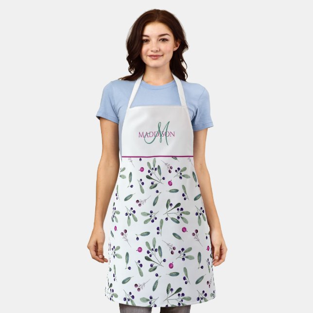 Benutzerdefiniertes Monogramm, Beeren und Grünmust Schürze (Getragen)