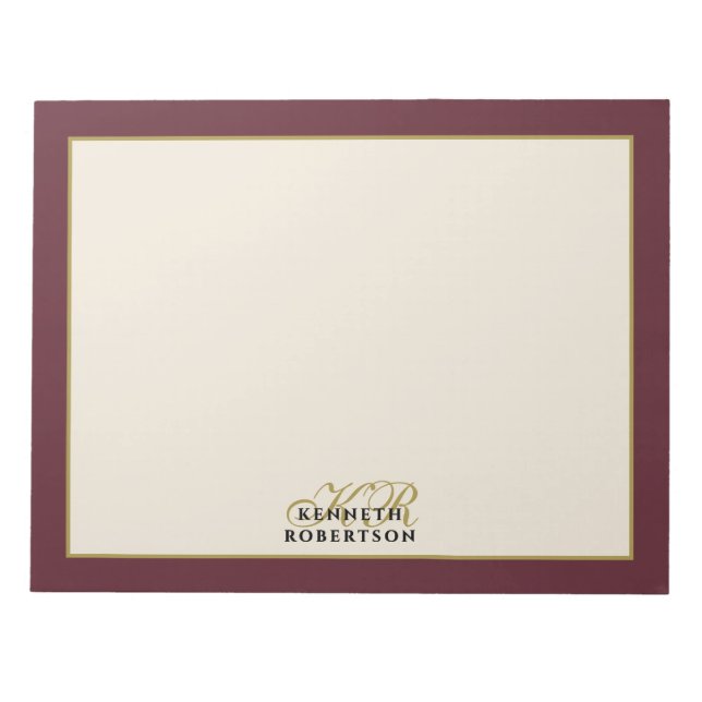 Benutzerdefiniertes Monogramm Burgunder Creme Gold Notizblock (Vorderseite)