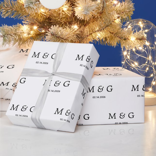 Benutzerdefiniertes Monogramm-Datums-Muster Weiß Geschenkpapier (Feiertage)