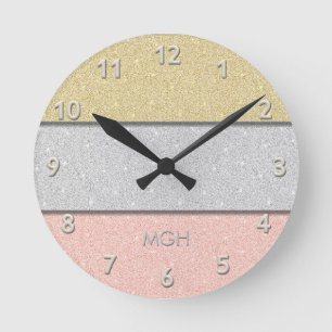 Benutzerdefiniertes Monogramm Faux Glitter Bling Runde Wanduhr