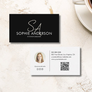 Benutzerdefiniertes Monogramm Foto QR Schwarz-weiß Visitenkarte