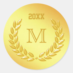 Benutzerdefiniertes Monogramm Gold Lorbeerkranz Runder Aufkleber
