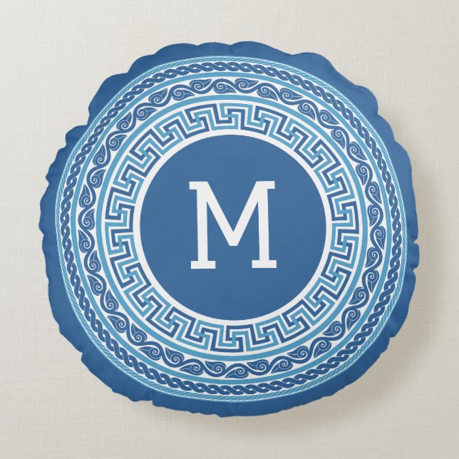 Benutzerdefiniertes Monogramm griechisches Muster Rundes Kissen (Vorderseite)