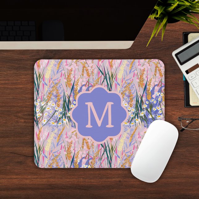 Benutzerdefiniertes Monogramm Lavendel Mousepad (Lavender Daisies Custom Initial Monogram Floral Mouse Pad
)