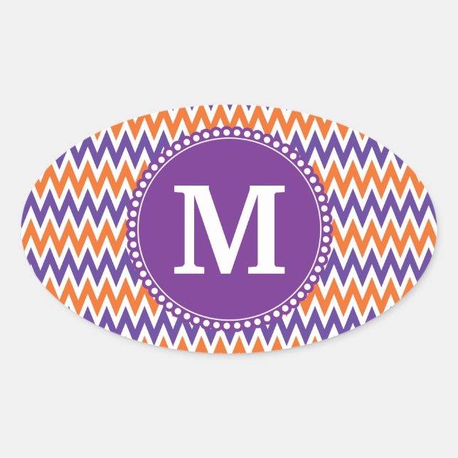 Benutzerdefiniertes Monogramm Lila Orange Zickzack Ovaler Aufkleber (Vorderseite)