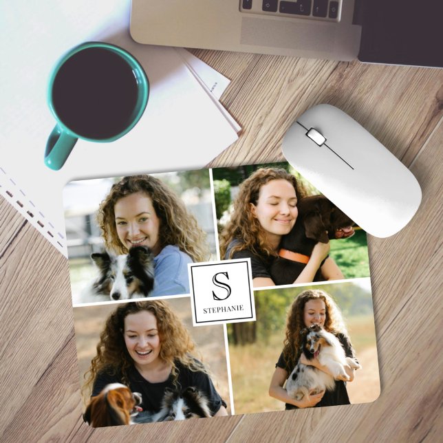 Benutzerdefiniertes Monogramm & Name 4 Foto-Collag Mousepad (Von Creator hochgeladen)