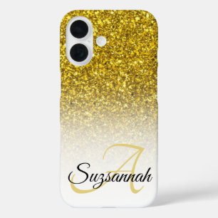 Benutzerdefiniertes Monogramm Name Gold Glitter Om iPhone 16 Hülle