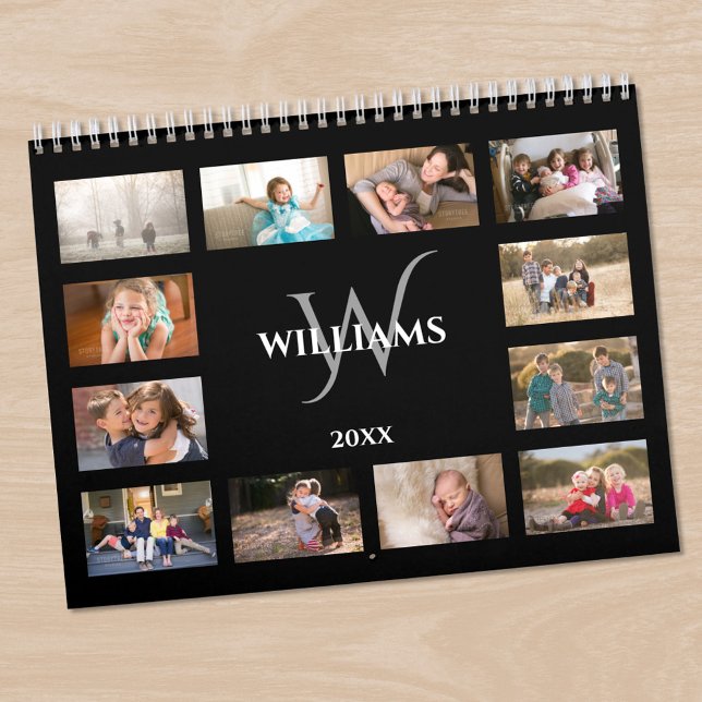 Benutzerdefiniertes Monogramm Name Schwarz Foto Kalender (Custom Monogram Name Black Photo Calendar in situ)