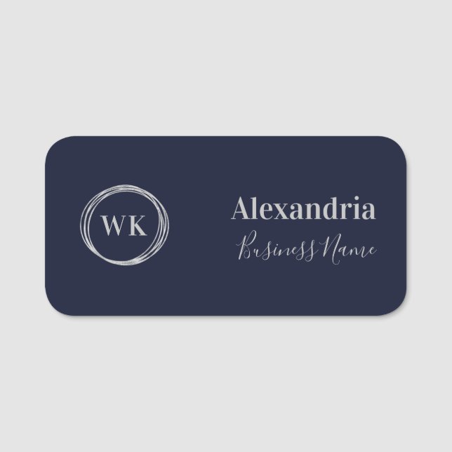 Benutzerdefiniertes Monogramm Navy Silber Mitarbei Namensschild (Vorderseite)
