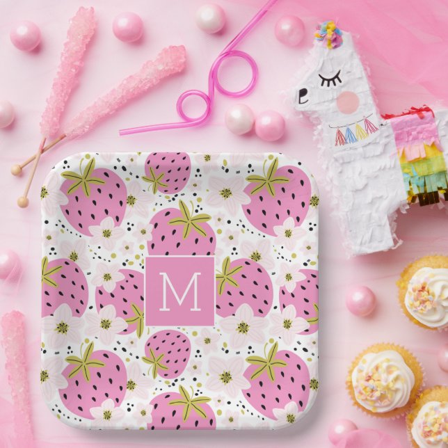 Benutzerdefiniertes Monogramm rosa Erdbeeren Pappteller (Party)