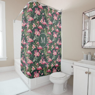 Benutzerdefiniertes Monogramm rosa Flamingos tropi Duschvorhang