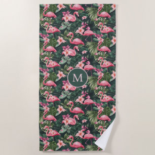 Benutzerdefiniertes Monogramm rosa Flamingos tropi Strandtuch