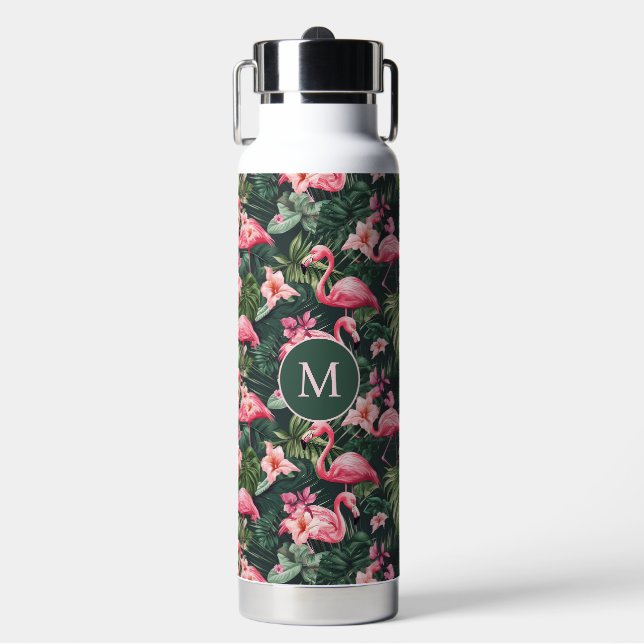 Benutzerdefiniertes Monogramm rosa Flamingos tropi Trinkflasche (Vorderseite)