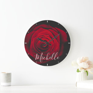 Benutzerdefiniertes Monogramm rote Rose Vintage-Fo Große Wanduhr