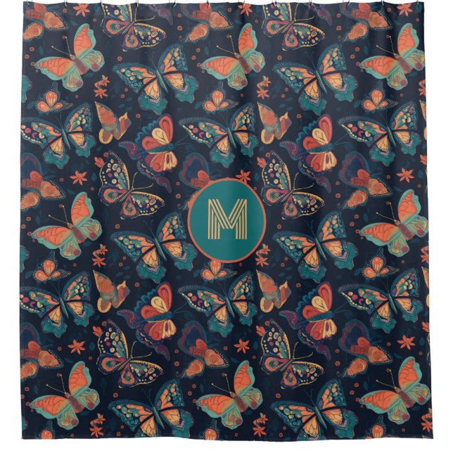 Benutzerdefiniertes Monogramm-Schmetterlingsmuster Duschvorhang (Vorderseite)