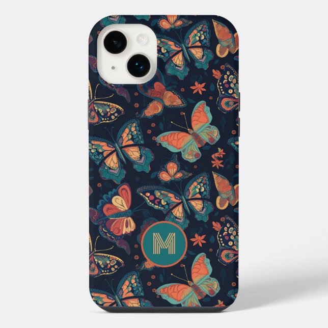 Benutzerdefiniertes Monogramm-Schmetterlingsmuster iPhone 14 Plus Hülle (Rückseite)