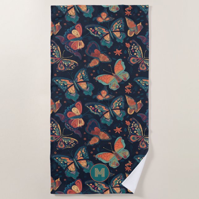 Benutzerdefiniertes Monogramm-Schmetterlingsmuster Strandtuch (Vorderseite)