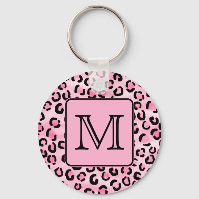 Benutzerdefiniertes Monogramm. Schwarz-Rosa-Leopar Schlüsselanhänger (Vorderseite)