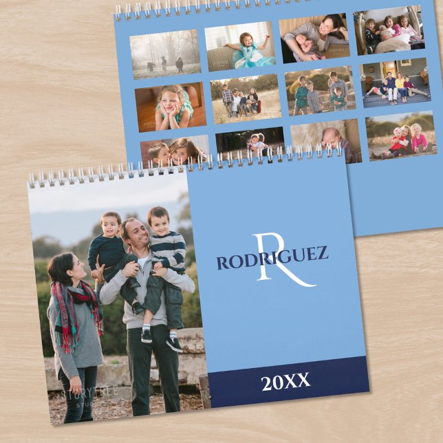 Benutzerdefiniertes Monogramm Spanisch Hellblau Fo Kalender (Custom Monogram Spanish Light Blue Photo Calendar, front/back)