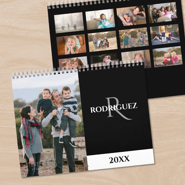 Benutzerdefiniertes Monogramm Spanisch Schwarzes F Kalender (Custom Monogram Spanish Black Photo Calendar, front/back)