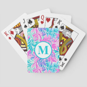 Benutzerdefiniertes Monogramm Teal Pink Floral Spielkarten