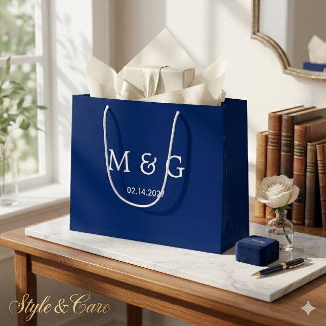 Benutzerdefiniertes Monogramm und Datumssymbol der Große Geschenktüte (Custom Monogram and Date Symbol of Love Navy Large Gift Bag)