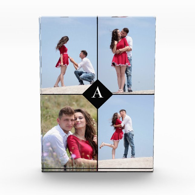 Benutzerdefiniertes Monogramm & Vier Foto Schwarz (Vorderseite)