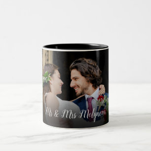 Benutzerdefiniertes Mr und Mrs Hochzeitsfoto Zweifarbige Tasse
