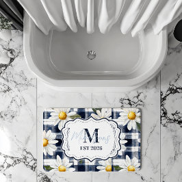 Benutzerdefiniertes Navy Gingham Daisy Monogramm Badematte