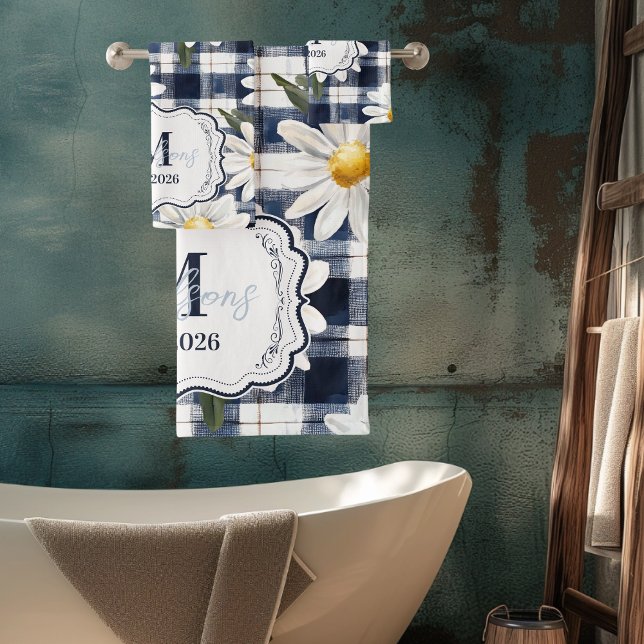 Benutzerdefiniertes Navy-Gingham-Daisy-Monogramm Badhandtuch Set (Von Creator hochgeladen)