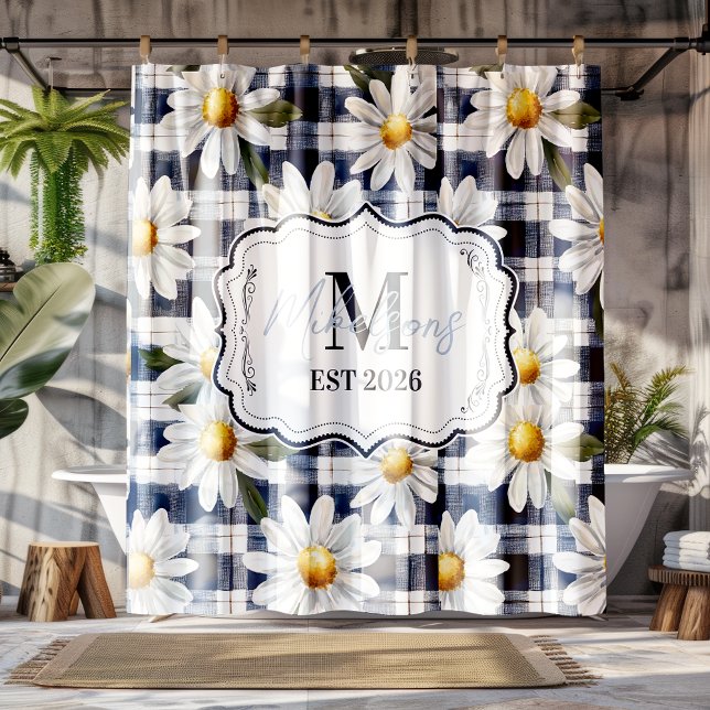 Benutzerdefiniertes Navy-Gingham-Daisy-Monogramm Duschvorhang (Von Creator hochgeladen)