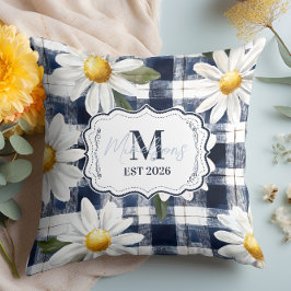 Benutzerdefiniertes Navy-Gingham-Daisy-Monogramm Kissen