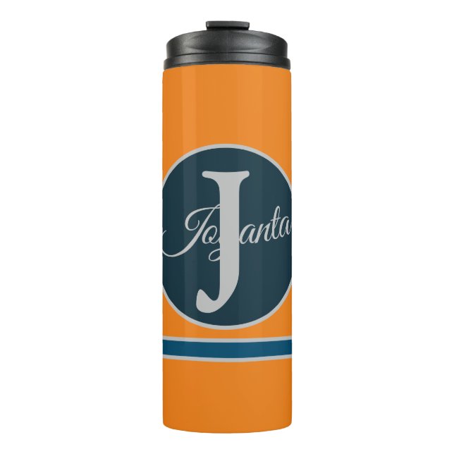 Benutzerdefiniertes orange graues blaues Monogramm Thermosbecher (Vorderseite)