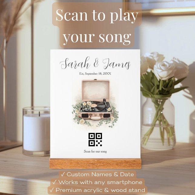 Benutzerdefiniertes QR-Code-Hochzeitslied-Jubiläum Acrylschild (Personalized QR code acrylic block with vintage vinyl record design, blush pink background, gold foi)
