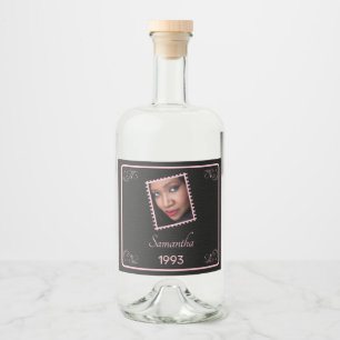 Benutzerdefiniertes rosa Schwarzes Foto Geburtstag Alkoholflaschenetikett