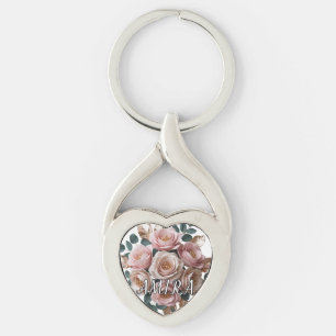 Benutzerdefiniertes Roségold-Blumenmonogramm-Herzs Schlüsselanhänger