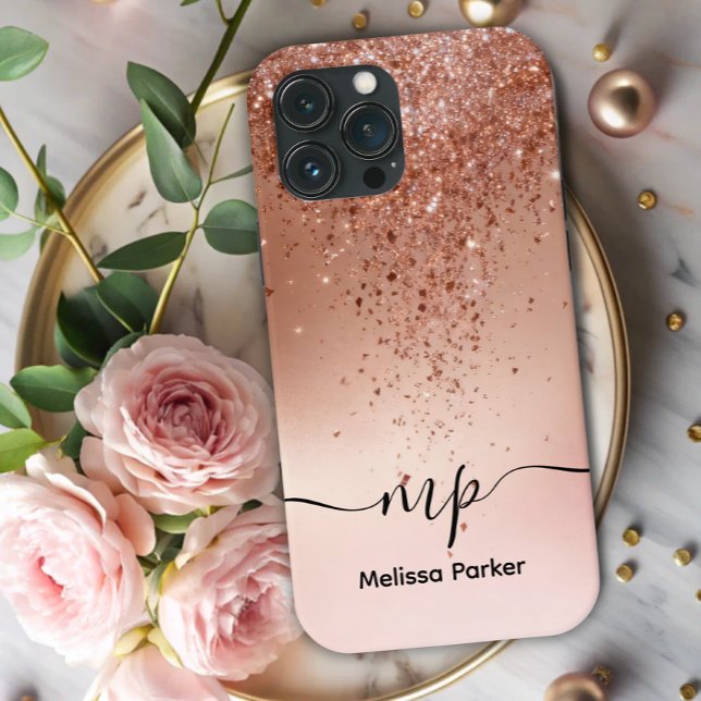 Benutzerdefiniertes Roségold-Glitter-Drip-Monogram Case-Mate iPhone Hülle (Von Creator hochgeladen)