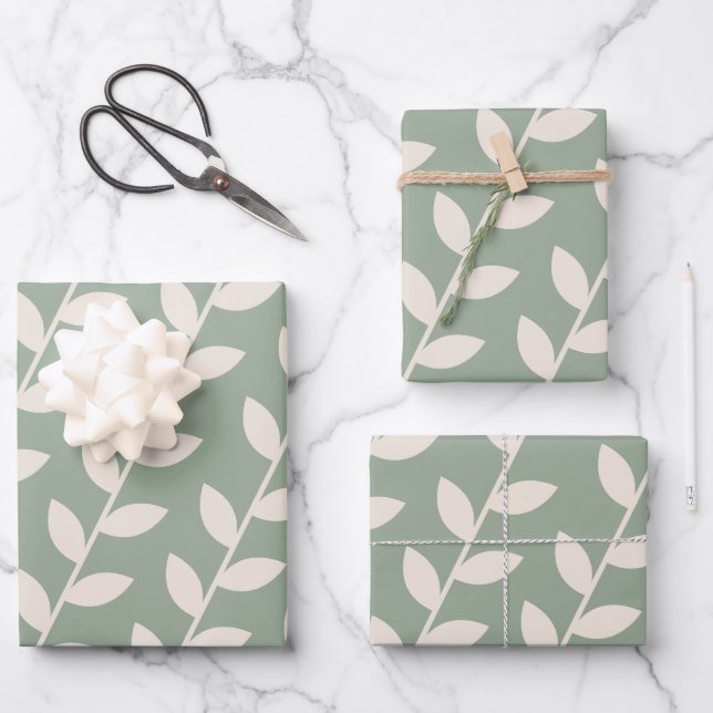 Benutzerdefiniertes Sage Green 70er Retro-Leaf-Mus Geschenkpapier Set (Vorderseite)