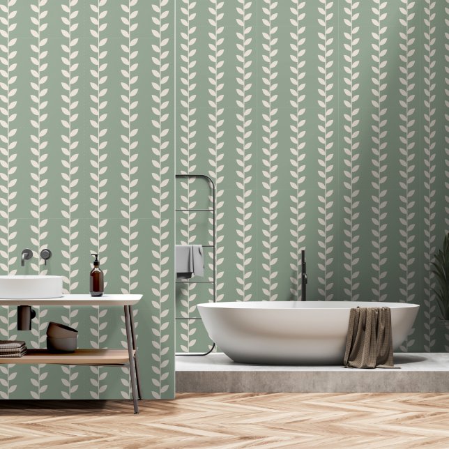 Benutzerdefiniertes Sage Green 70er Retro-Leaf-Mus Tapete (Badezimmer)