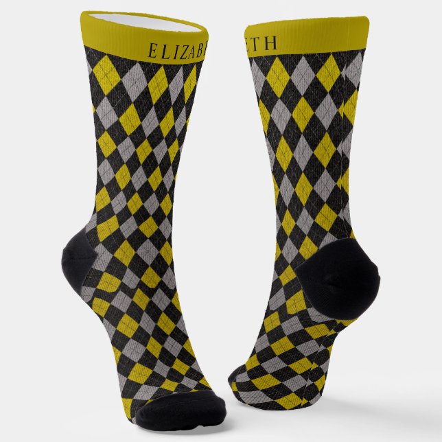Benutzerdefiniertes Schwarz-Gelb-Grau-Raute-Muster Socken (Gewinkelt)