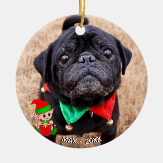 Benutzerdefiniertes Schwarz-Mops-Hund-Foto mit Nie Keramik Ornament (Vorne)