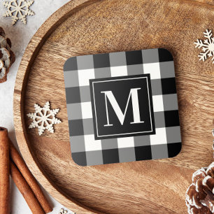 Benutzerdefiniertes Schwarz-Weiß-Büffel-Karo-Monog Getränkeuntersetzer