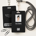 Benutzerdefiniertes Schwarzer Mitarbeiter-Foto, Ba Ausweis<br><div class="desc">Dieses Schwarz-Mitarbeiter-Abzeichen wird einfach mit Foto, Scan-Bar und Firmenlogo personalisiert. Ein einfaches Business-Design in marineblau-weißer Farbe, das in Vorder- und Rückengrößen vollständig anpassbar ist, serifenlose, einfache und moderne Schriftart und ein berufliches und klares Aussehen. Erhältlich mit Lanyard, Metallklammer oder mit Retraktikett. Keine Mindestbestellung.</div>