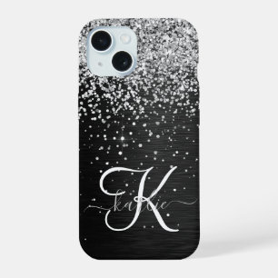 Benutzerdefiniertes Silver Glitzer Black Sparkle M iPhone 15 Hülle