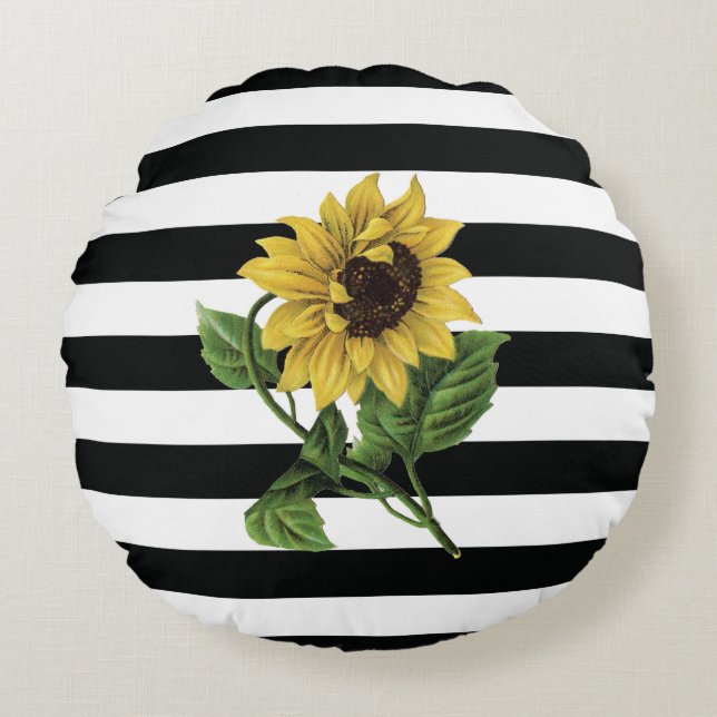 Benutzerdefiniertes Sonnenblumenkissen auf schwarz Rundes Kissen (Vorderseite)