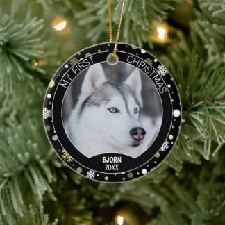 Benutzerdefiniertes süßes Welpenfoto auf weiß-gold Keramik Ornament