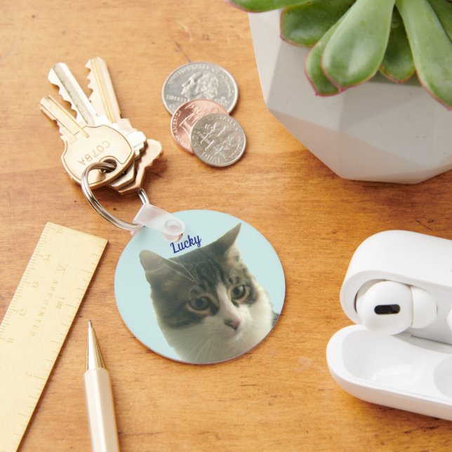 Benutzerdefiniertes Tabby-Katzenfoto auf Hellblau Schlüsselanhänger (Schreibtisch)