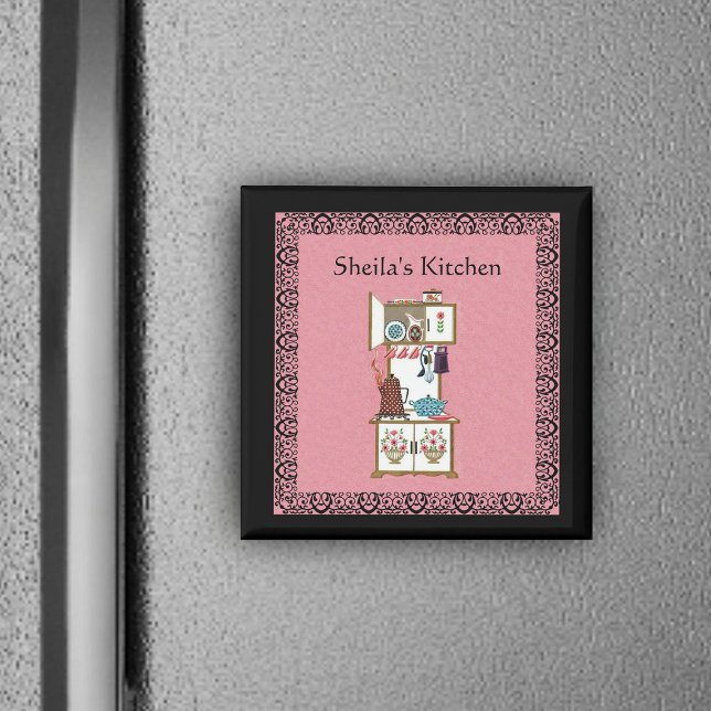 Benutzerdefiniertes Vintages Küchenmagnet Magnet (Vintage white cooking stove flowers in fancy black frame on pink kitchen magnet.)