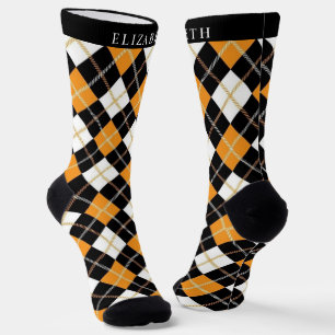 Benutzerdefiniertes Weiß Schwarz Orange Argyle-Mus Socken