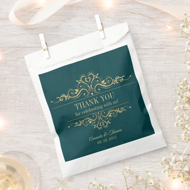 Benzingrün, goldfarbener Rahmen, Gastgeschenk Hoch Geschenktütchen (Ausgeschnitten)